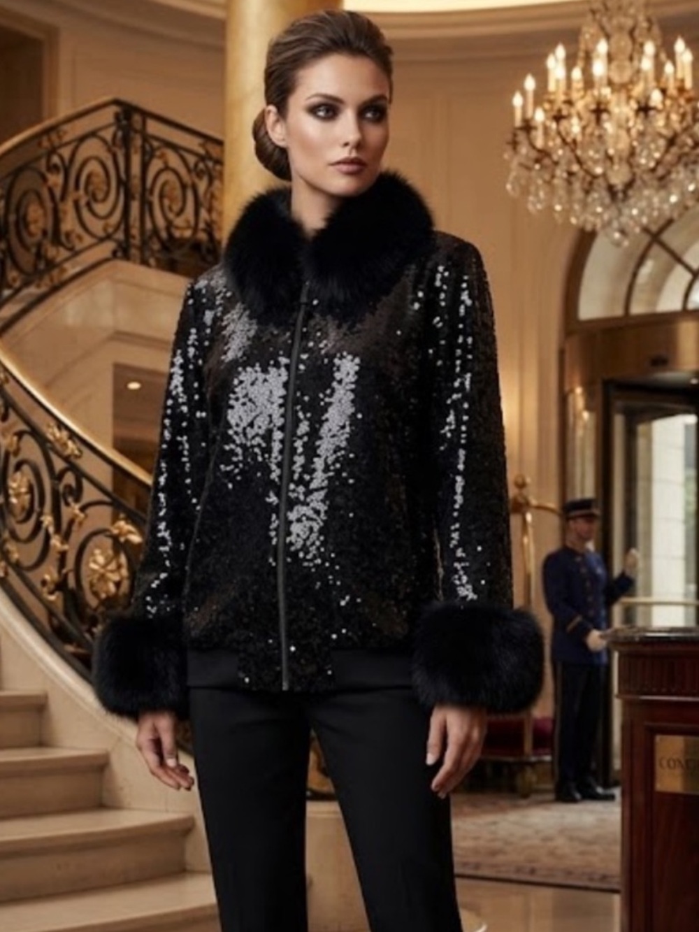 NWOT MODI Vintage Black Sequin Statement Jacket Silk & Real Fox Fur Trim Evening
